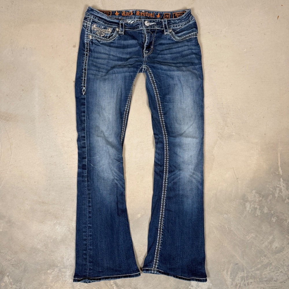 Rock Revival Manisa low rise Bootcut Jeans Blue Denim Embellished Pockets sz 29
